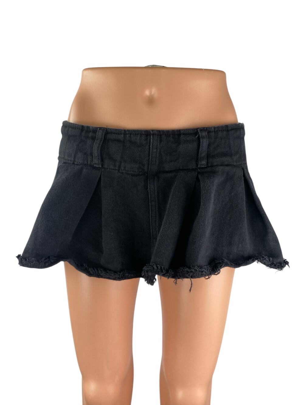 Edikted Black Denim Pleated Raw Frayed Hem Micro Mini Flare A-Line Skirt Size M